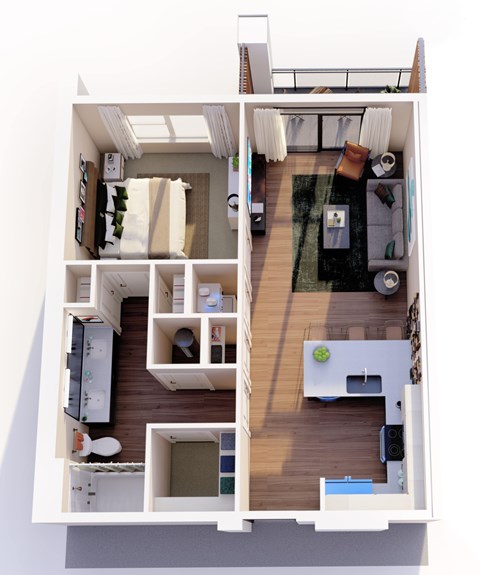 Floor plan for 1 bed, 1 bath, 674 sqft
